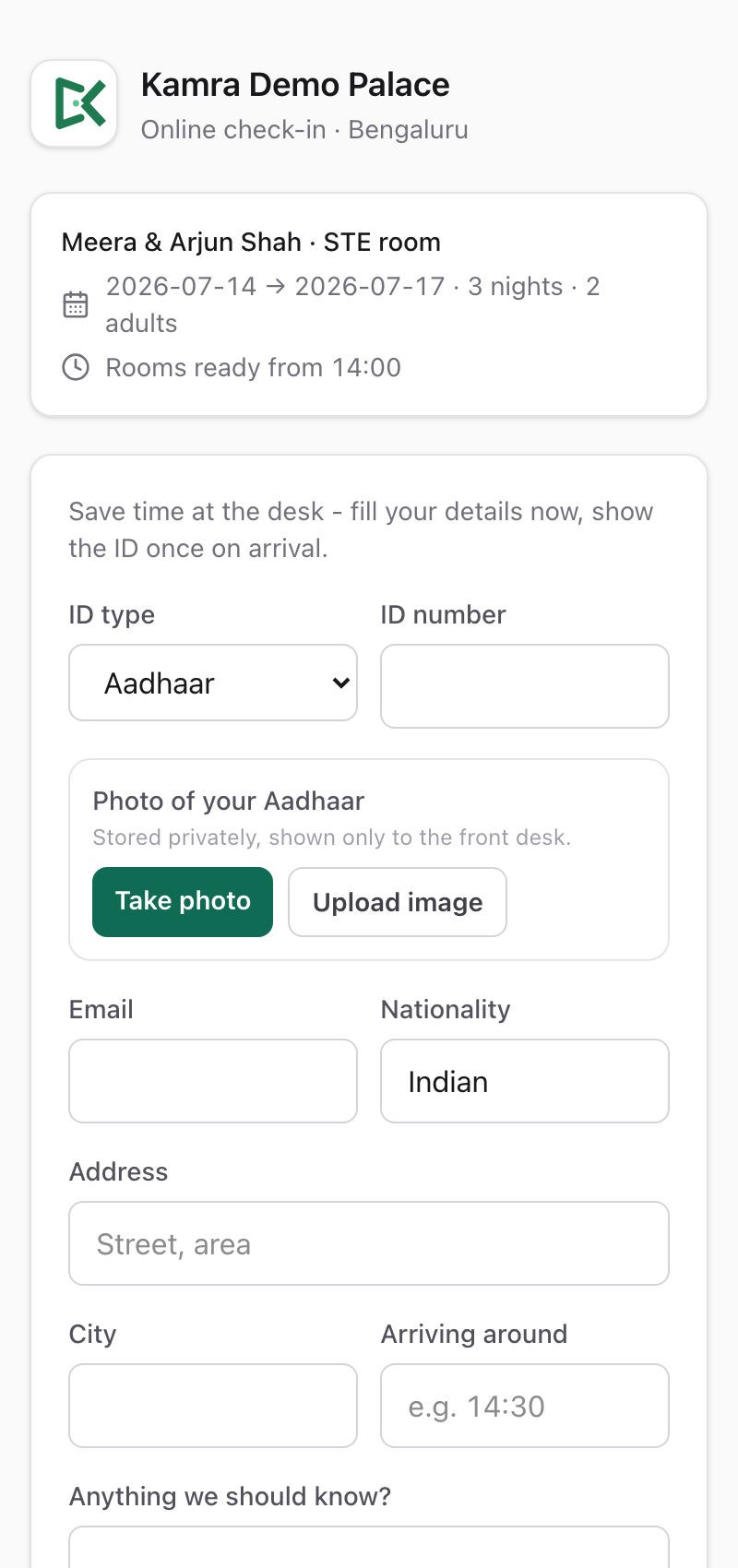 Guest self check-in with ID capture
